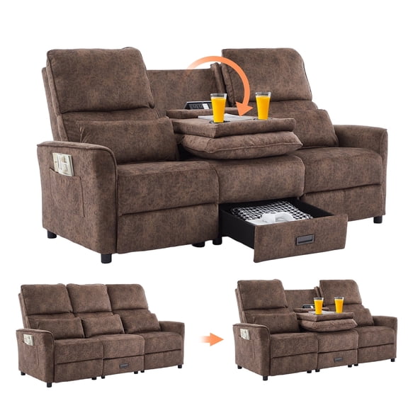 IPKIG 74" RV 3-Seater Manual Recliner Sofa with Flip Backrest, Drawer, USB Ports, AC Sockets & Cup Holders for Home Theater & Living Room, Velvet Brown