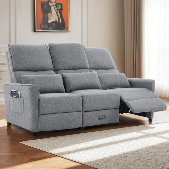 IPKIG 74" RV 3-Seater Manual Recliner Sofa with Flip Backrest, Drawer, USB Ports, AC Sockets & Cup Holders for Home Theater & Living Room, Linen Grey