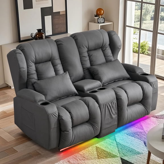IPKIG 78 in LED Loveseat Recliner Sofa with Manual Recliners, Storage Console, Side Pockets & Cup Holders, Wingback Design for Living Room, RV, Grey Fabric