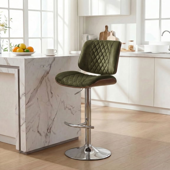 IPKIG Adjustable Height Swivel Bar Stool withChenille Upholstery, Footrest & Back Support for Kitchen Island, Counter or Home Bar, Green, 1 PCS