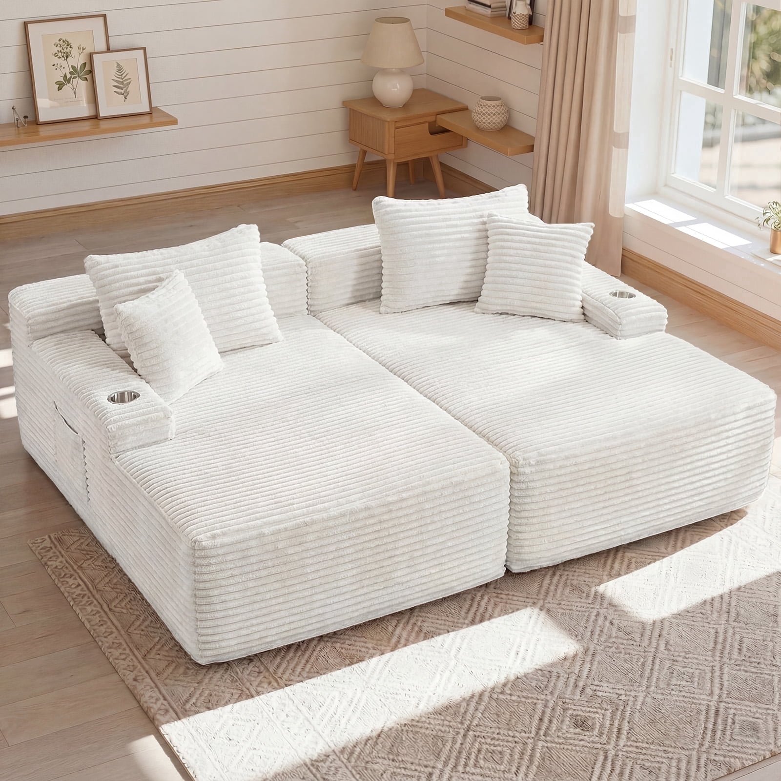 IPKIG 85" Oversized Double Chaise Sofa Bed, Corduroy Upholstered Boneless Cloud Sleeper Loveseat with No Assembly Required in Beige