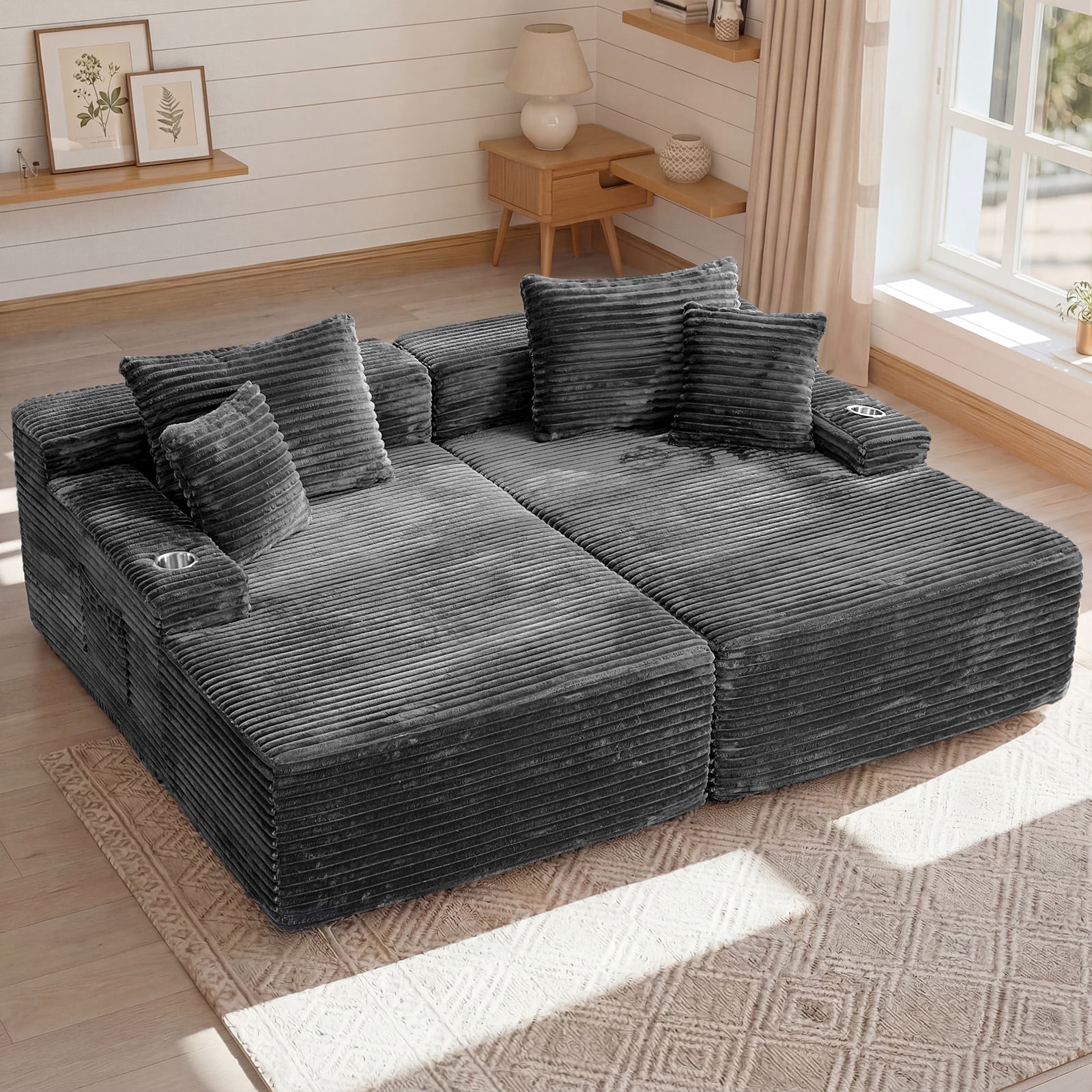 IPKIG 85" Corduroy Oversized Double Chaise Lounge Sofa Bed, No Assembly Required Upholstered Boneless Cloud Sleeper Loveseat in Dark Gray