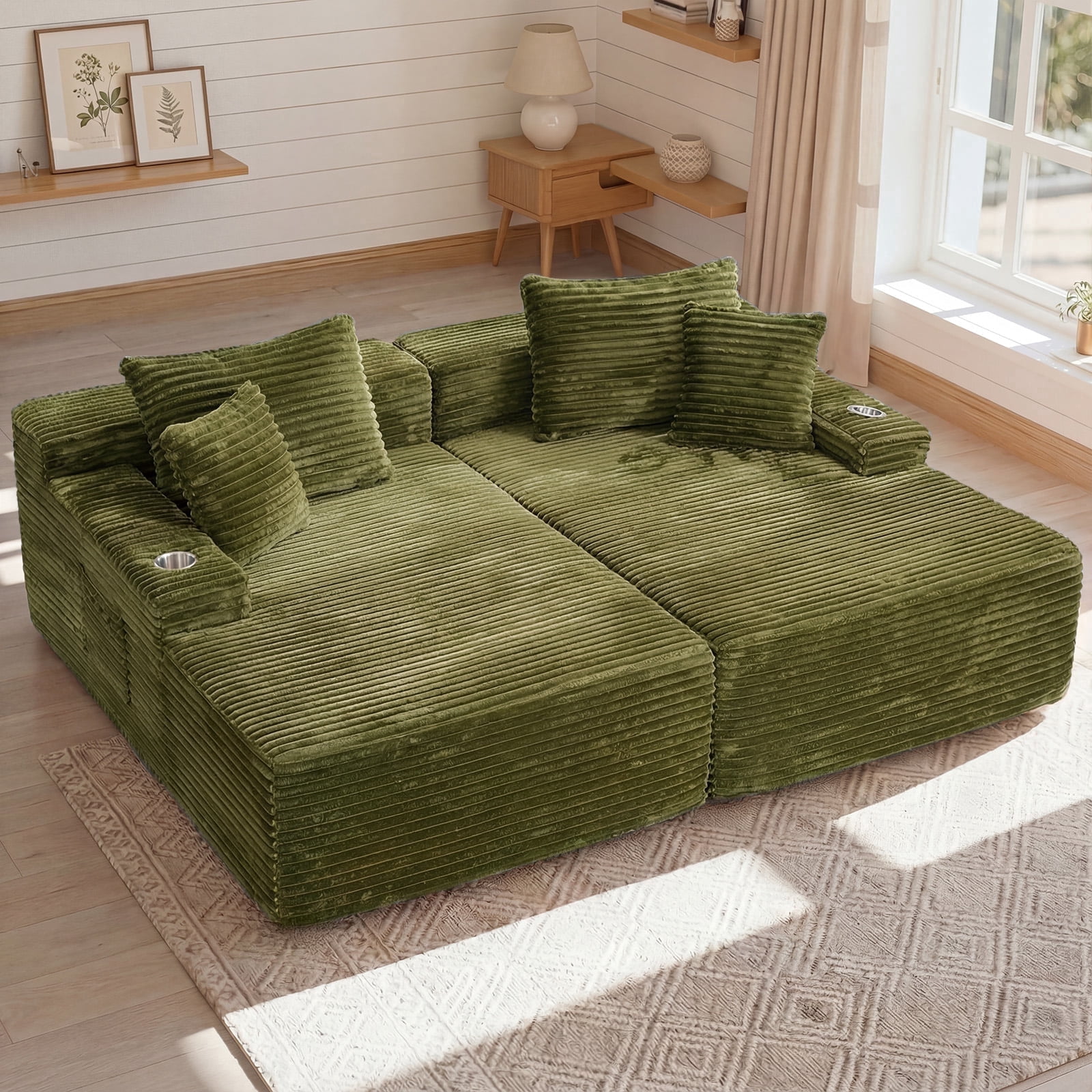IPKIG Green Corduroy 85" Double Chaise Sofa Bed, No-Assembly-Required Oversized Loveseat with Boneless Cloud Sleeper Design
