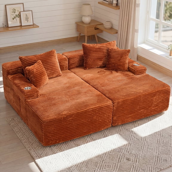 IPKIG 85" Oversized Double Chaise Sofa Bed, Corduroy Upholstered Boneless Cloud Sleeper Loveseat in Orange, No Assembly Required