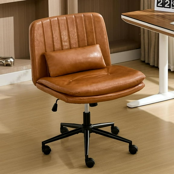 IPKIG Criss Cross Chair, Small Office Computer Desk Chair with Wheels and Lumbar Pillow, Comfy Adjustable Armless Vanity Rolling Swivel Task Chair(Pu Leather, Brown)