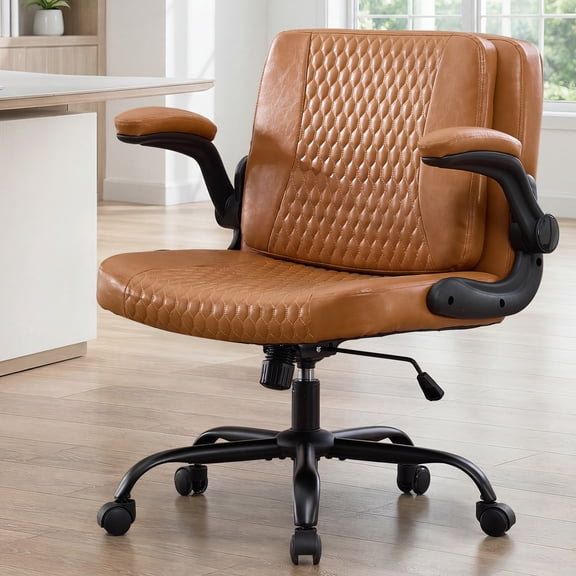 IPKIG Criss Cross Chair with Flip-Up Arms & Backrest, Ergonomic Cross-Legged Swivel Office Desk Chair, Adjustable Height, Brown PU Leather