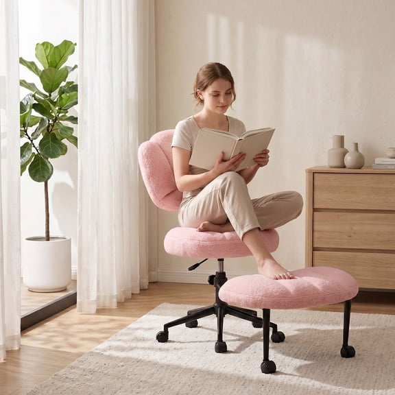 IPKIG Cross Legged Office Chair, 360°Swivel, Adjustable Height, Teddy Fabric, Lumbar Support
