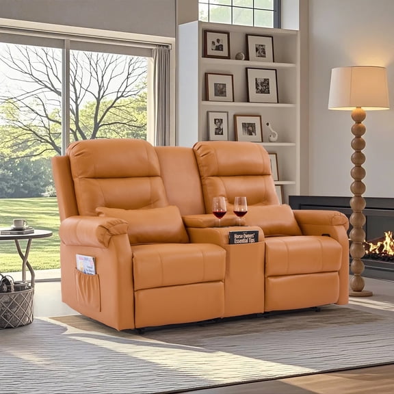 IPKIG Double Recliner Loveseat w/ Console, 2-Person Wall Hugger Manual Recliner Sofa in Orange Faux Leather, Cup Holders, Pillows & Storage Pocket