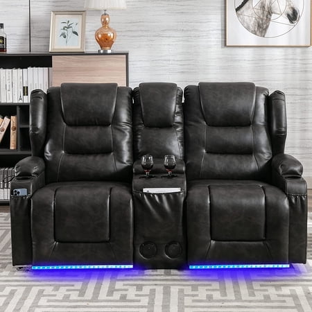 IPKIG Electric Home Theater Seating- Power Recline Chair Loveseat RV Sofa with Console, 67" Double Recliner 2-Seater RV Couch with Storage/USB Charging/Lighting/Cup Holders for Living Room