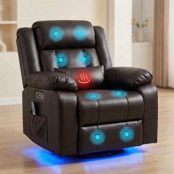 IPKIG Electric Power Recliner with Heat & Massage, 240° Swivel Rocking Chair for Living Room, LED Home Theater Recliner, Faux Leather Brown