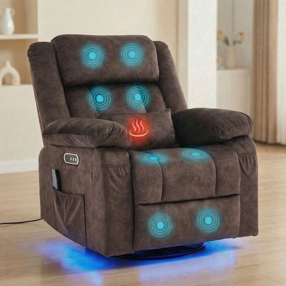 IPKIG Electric Power Recliner with Heat & Massage, 240° Swivel Rocking Chair for Living Room, LED Home Theater Recliner, Velvet Brown