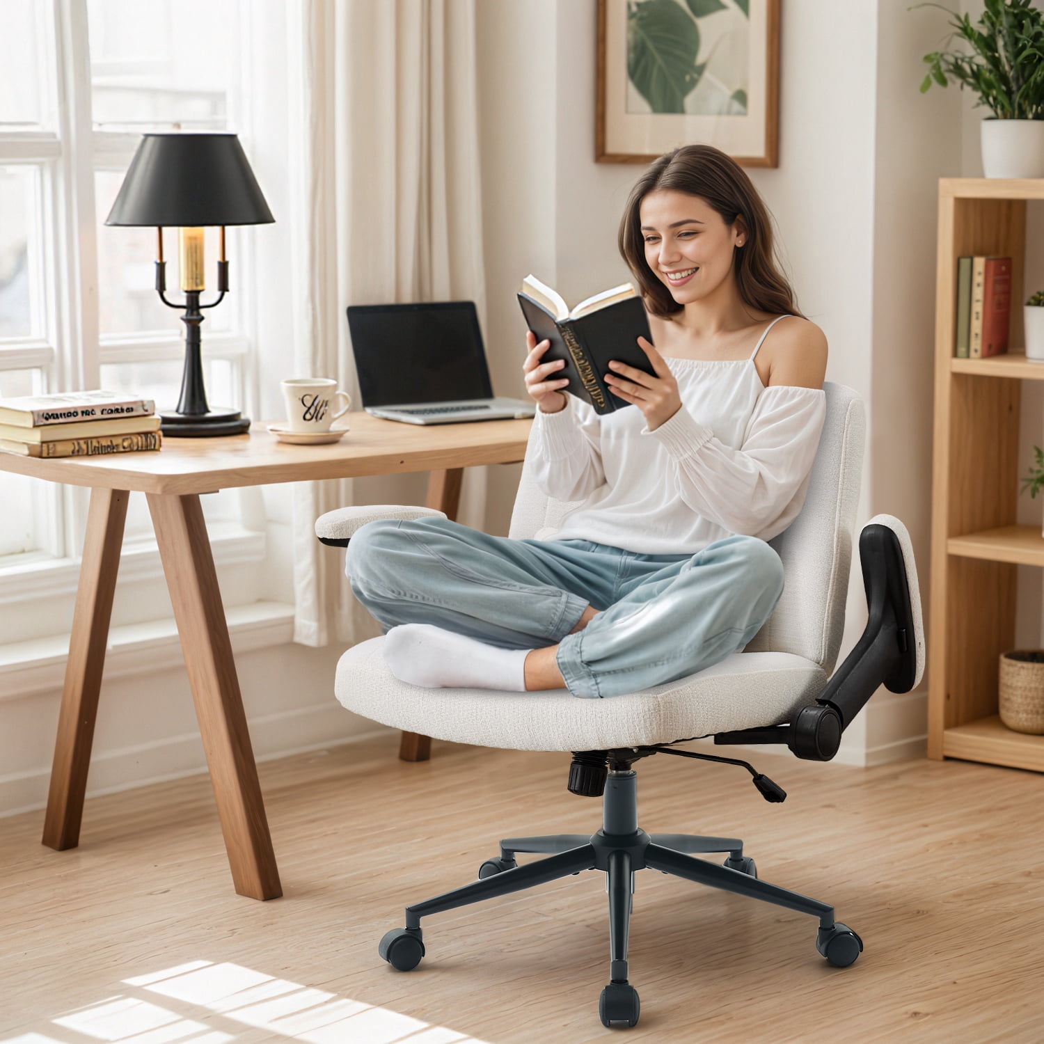 IPKIG Ergonomic Office Chair with Wheels and Flip-Up Arms, Wide Seat Swivel Desk Chair for Home Office, Computer, Vanity, Chenille Beige