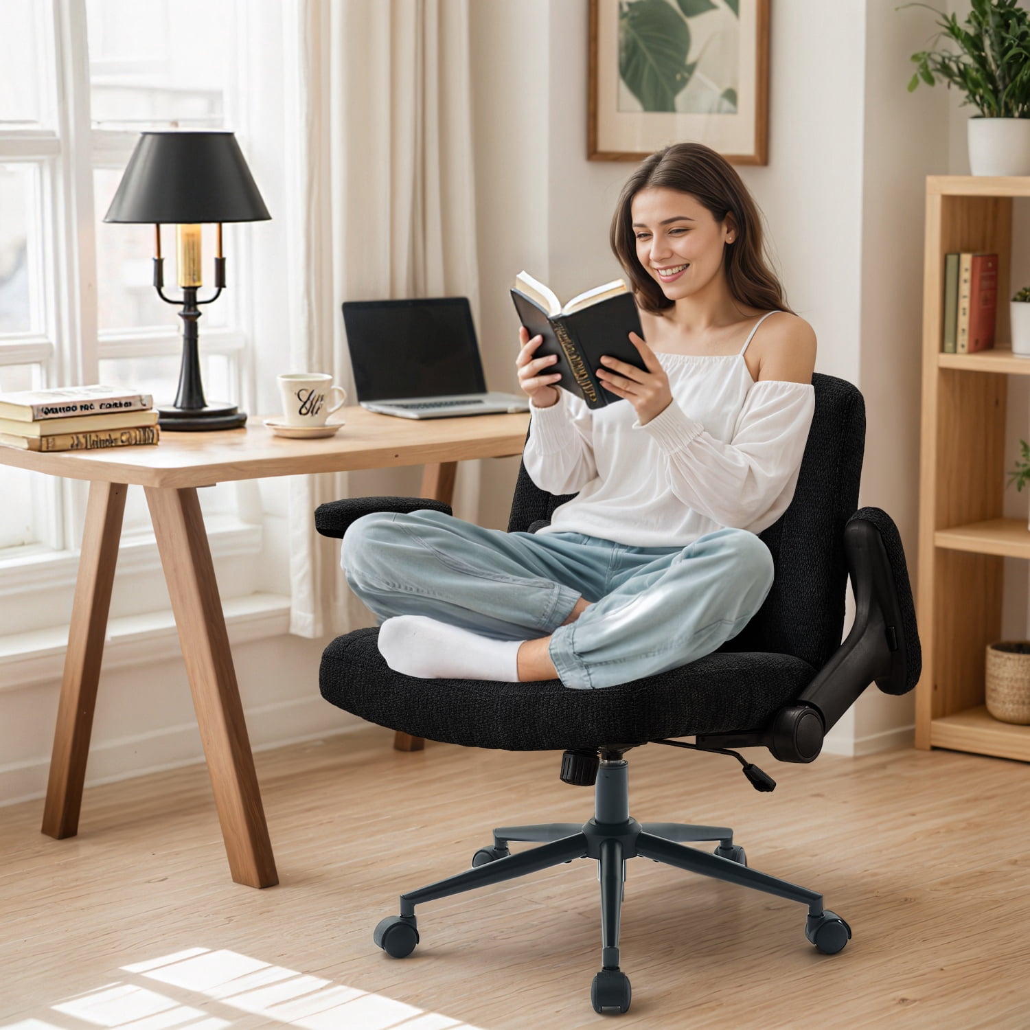 IPKIG Ergonomic Office Chair with Wheels and Flip-Up Arms, Wide Seat Swivel Desk Chair for Home Office, Computer, Vanity, Chenille Black