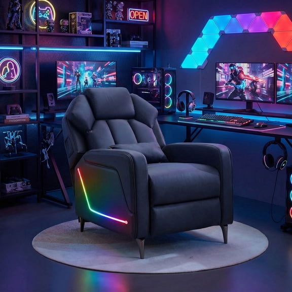 IPKIG Gaming Recliner Chair with Push-Back Recliner, Extended Footrest, LED Lights, Side Pockets & Lumbar Pillow, Ergonomic Sofa for Game Living Room, Black