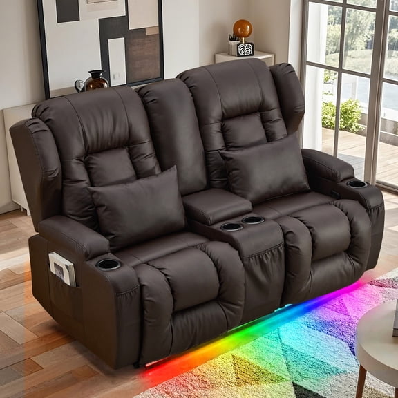 IPKIG LED Double Manual Loveseat Recliner Sofa with Storage Console, Side Pockets, Cup Holders, Wingback Design for Living Room, Bedroom, or RVs in Brown