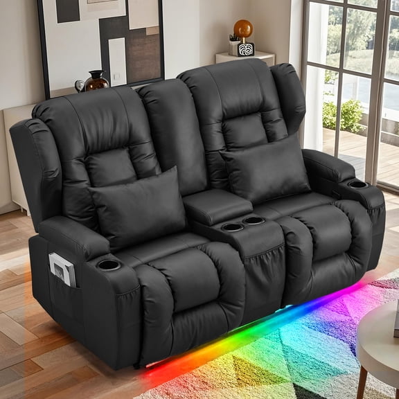 IPKIG LED Double Manual Recliner Loveseat with Storage Console, Side Pockets, Cup Holders, Wingback Design for Living Room, Bedroom, and RVs in Black