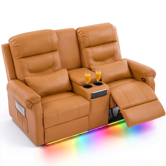 IPKIG LED Double Recliner Loveseat with Console, 2-Person Wall Hugger Manual Recliner Sofa in Orange Faux Leather, Cup Holders, Pillows & Storage Pocket