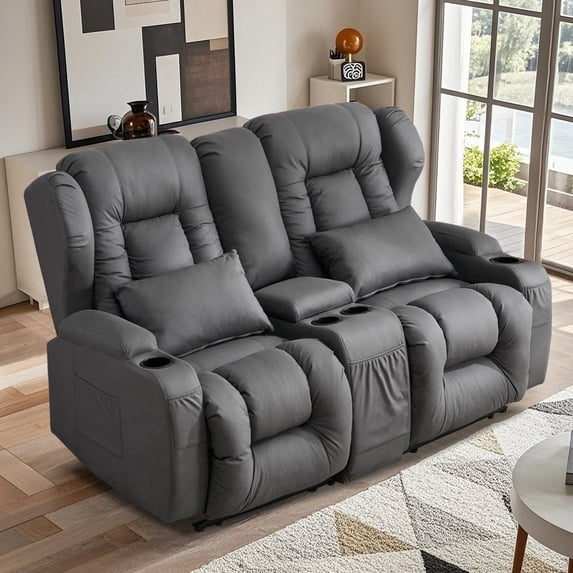 IPKIG 78 in Loveseat Recliner Sofa with Manual Recliners, Storage Console, Side Pockets & Cup Holders, Wingback Design for Living Room, RV, Grey Fabric