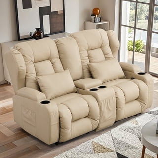 IPKIG 2-Seater Recliner Sofa w/ Manual Dual Recliners, Storage Console, Side Pockets, Cup Holders, and Wingback Design for Living Room RV, Beige