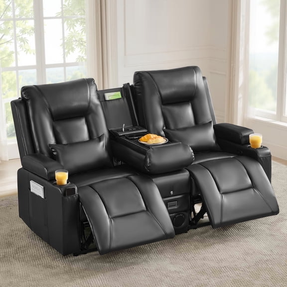 IPKIG Manual Reclining Loveseat Sofa with Console, 2 USB Ports, Power Outlet, Cup Holders, Bluetooth Speakers for Home Theater, Faux Leather Black