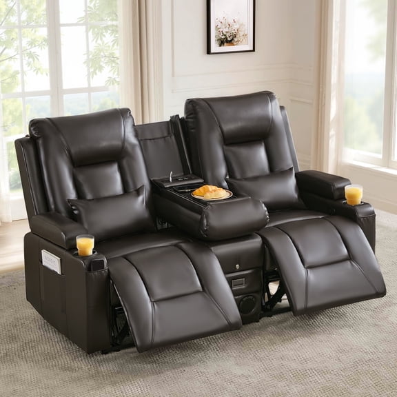 IPKIG 2-Seater Manual Reclining Loveseat Recliners Sofa, Bluetooth Speakers, USB Charger, Power Outlet, Cup Holders, Faux Leather Brown