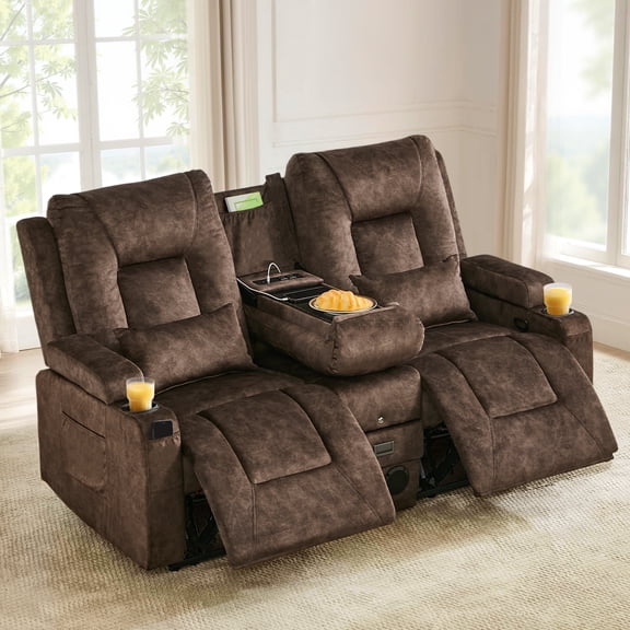 IPKIG Manual Reclining Loveseat Sofa w/ Console, 2-Seater Recliner with Bluetooth Speakers, USB Charger & Power Outlet for Home Theater, Velvet Brown