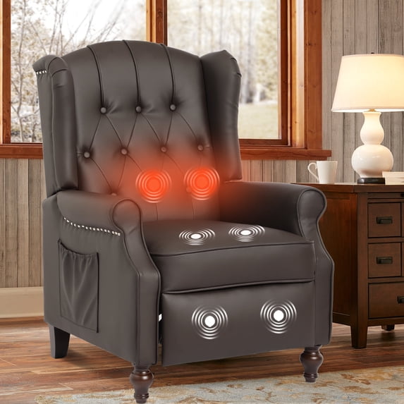 IPKIG Massage Recliner Chair, Single Sofa with 6-Point Vibration, Heat Function, Side Pockets and Wingback Design in Brown for Living Room
