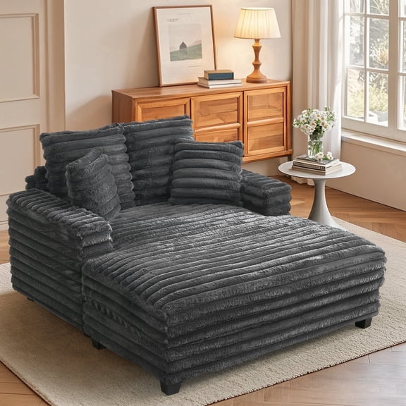 IPKIG Oversized 53" Chaise Lounge Chair with Lumbar Pillows, Fluffy Plush Faux Fur Sleeper Sofa Bed in Gray for Living Room, Bedroom & Home Theater