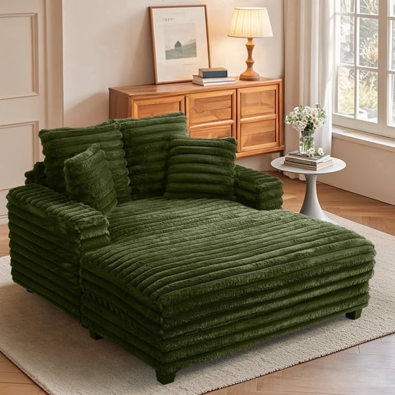 IPKIG Oversized 53" Plush Faux Fur Sleeper Sofa Bed with Chaise Lounge, Deep Seat & Lumbar Pillows for Living Room, Bedroom, Home Theater in Green