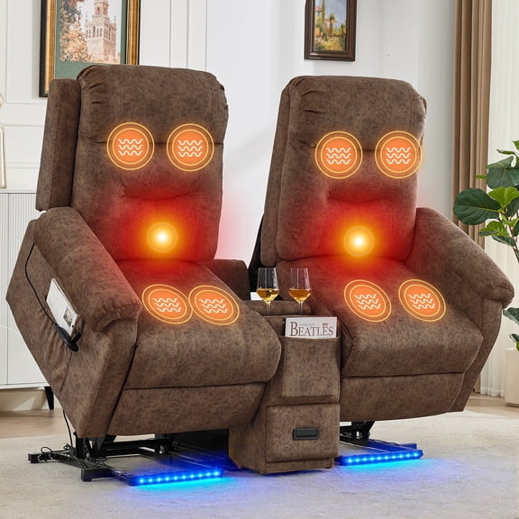 IPKIG Power Lift Recliner Loveseat with Vibration, Heat & USB Port, Dual Electric Massage Chairs with LED Light & Side Pockets, Velvet Brown