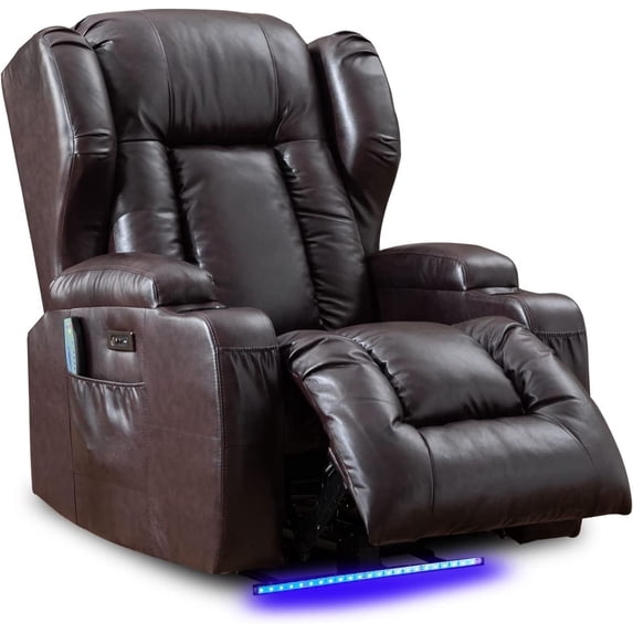 IPKIG Power Recliner Chair with Heat and Massage, Faux Leather, Infinite Position, LED Lights, Cup Holders, Side Pocket & USB Port, Red Brown