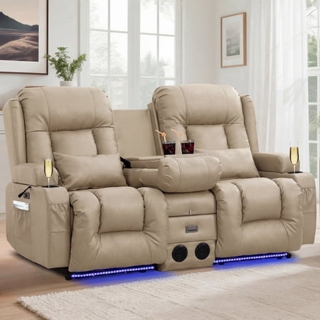 IPKIG Sand Color Power Recliner Loveseat Sofa w/ Massage, Heat, LED Lights, Bluetooth Speakers, USB Ports, Power Outlets Console for Home Theater & RV