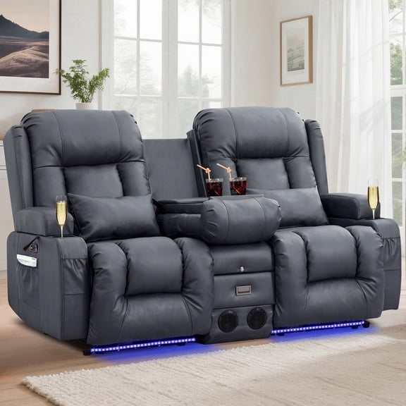 IPKIG Power Recliner Loveseat w/ Massage & Heat,Faux Leather Home Theater Sofa, Bluetooth, LED, Console,Slate Blue