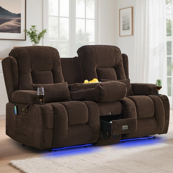 IPKIG Power Recliner Loveseat w/ Massage & Heat, Soft Plush Fabric Home Theater Sofa, Bluetooth, LED, Console, Dark Brown