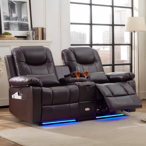 IPKIG Power Reclining Loveseat Sofa with Console, LED Lights, USB Charger & Cup Holders for Home Theater Living Room, 2-Seater Electric Recliner, Faux Leather Brown