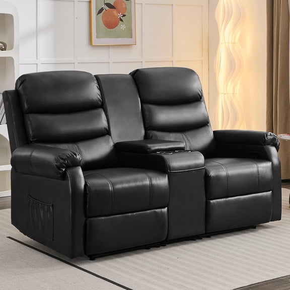 IPKIG Manual Reclining Loveseat for RV, Faux Leather Upholstered Sofa with Center Console, 2 Cup Holders & Storage Pockets, Black