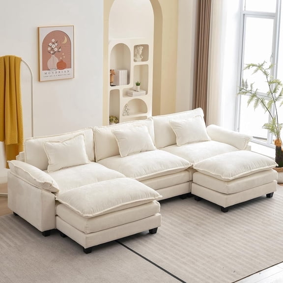 IPKIG Sectional Sofa Comfy Cloud Couch for Living Room with Pillows, Modern Chenille Sofa Sleeper Deep Couches with Ottoman (Cream White, 5-Seat)