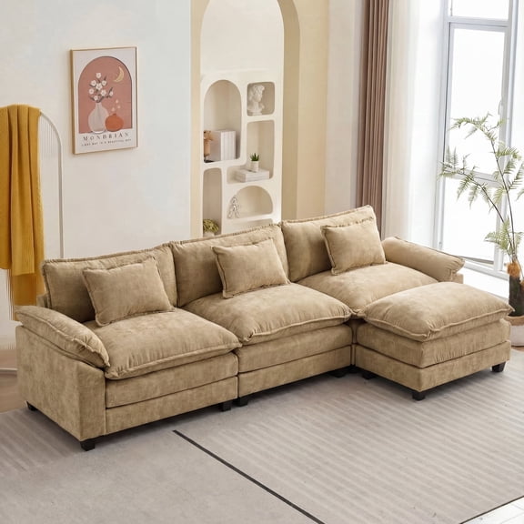 IPKIG 4-Seat Sectional Sofa with Ottoman, Modern Sleeper Couch in Soft Khaki Chenille Fabric for Living Room, Deep Seating Cloud Couch
