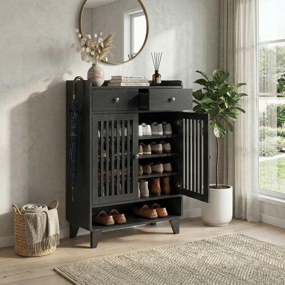 IPKIG Shoe Cabinet with Slatted Doors, 5-Tier Entryway Shoe Storage Organizer with 2 Drawers, Adjustable Shelves for Hallway and Living Room, Black