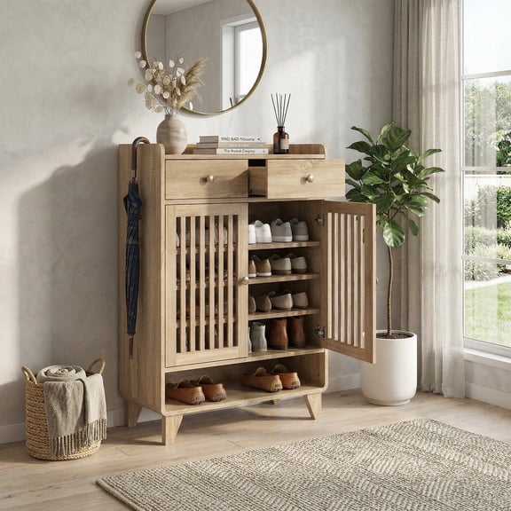 IPKIG Shoe Cabinet with Slatted Doors, 5-Tier Entryway Shoe Storage Organizer with 2 Drawers, Adjustable Shelves for Hallway and Living Room, Wooden