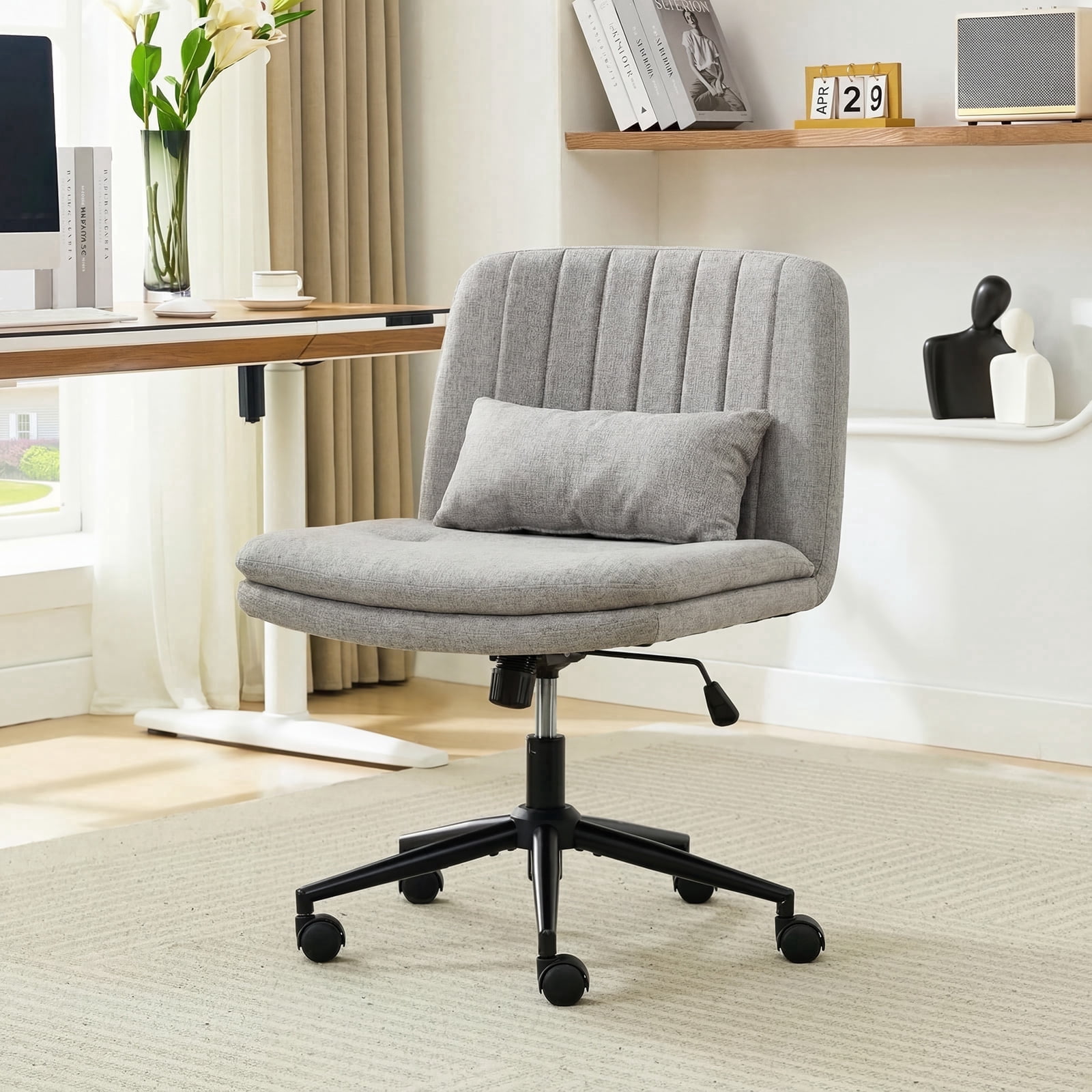 IPKIG Small Armless Criss Cross Chair, Adjustable Swivel Home Office Desk Chair with Lumbar Support Pillow for Computer, Living Room, Linen Gray