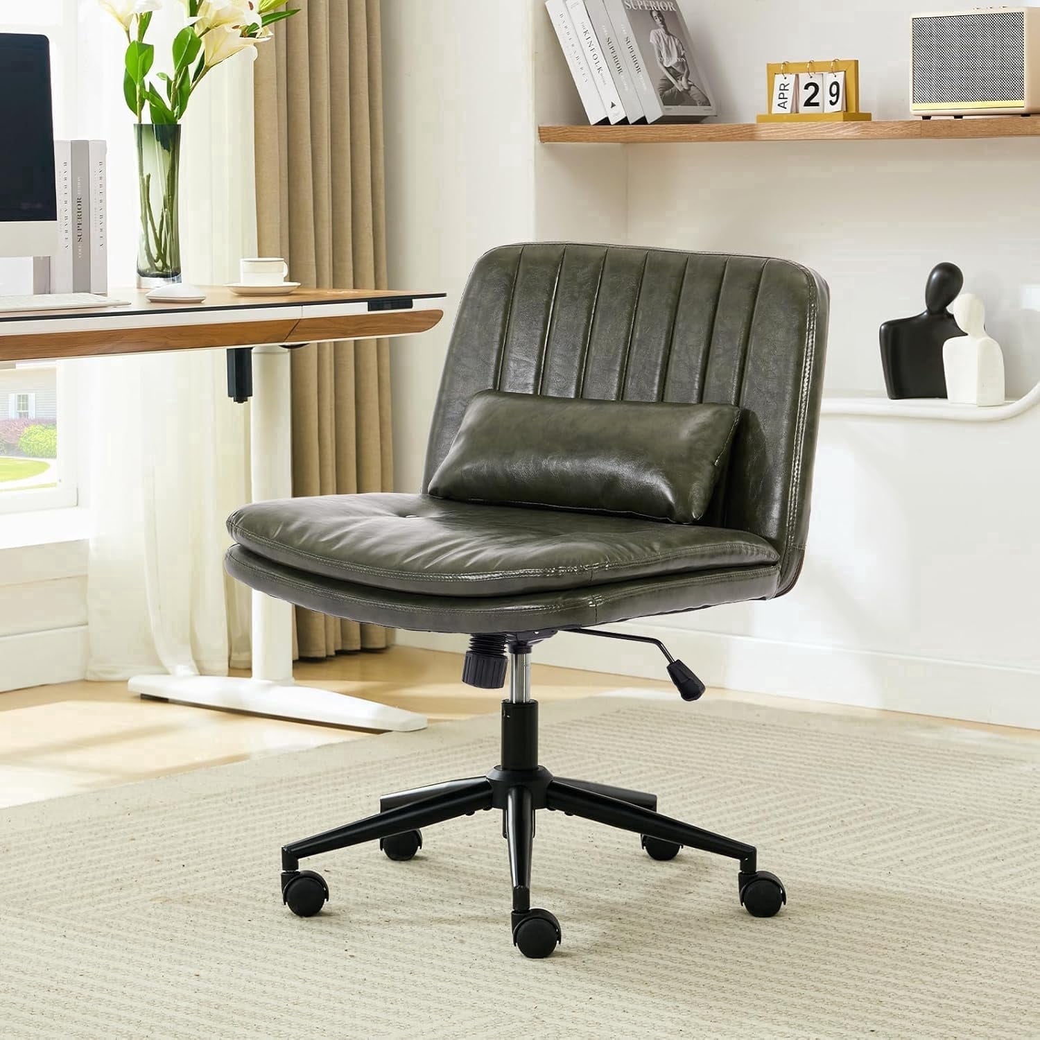 IPKIG Small Armless Criss Cross Chair, Adjustable Swivel PU Leather Office Desk Chair with Lumbar Support Pillow for Home, Makeup Vanity, Green