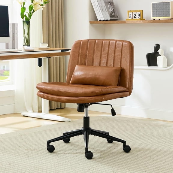 IPKIG Armless Criss Cross Office Chair, Brown PU Leather Adjustable Swivel Desk Chair with Lumbar Support Pillow for Home Office, Living Room, Vanity