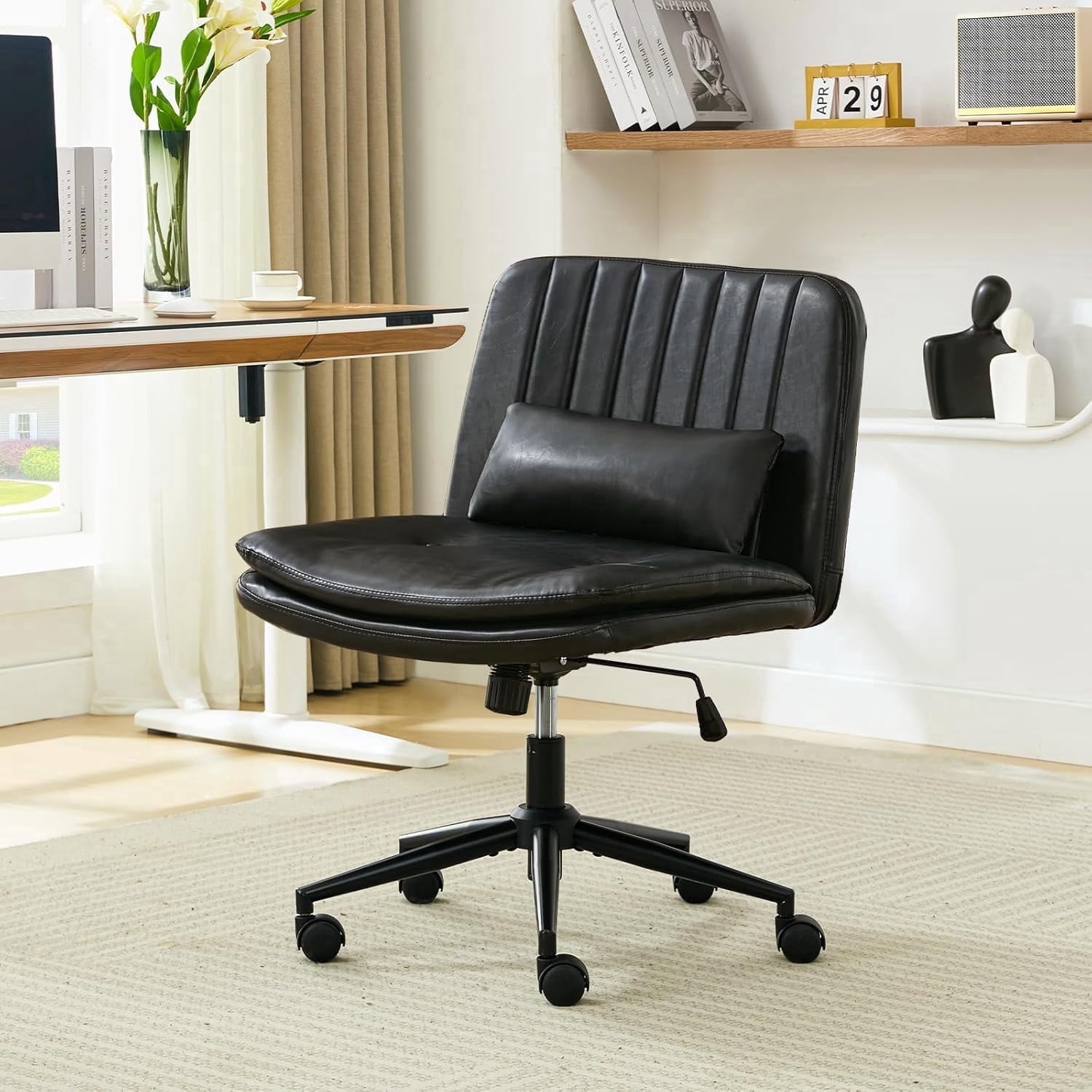 IPKIG Armless Criss Cross Office Chair w/ Lumbar Support, Adjustable Swivel PU Leather Desk Chair for Home Office, Makeup Vanity & Living Room, Black
