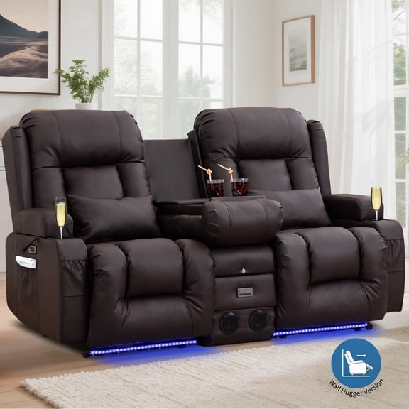 IPKIG Wall Hugger Power Recliner Loveseat with Massage and Heat, Brown Faux Leather Home Theater Seating, Bluetooth, LED Lights, and USB Console