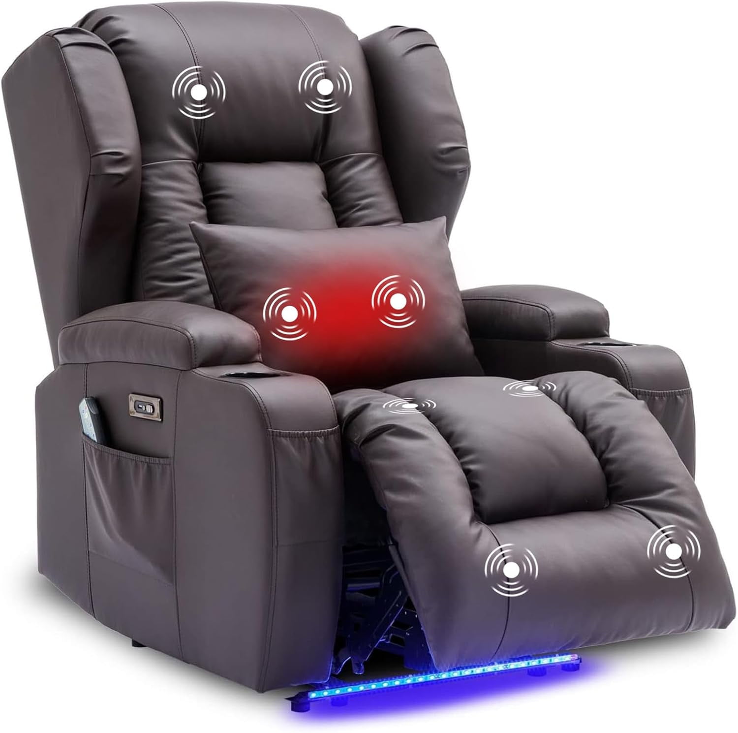Power Recliner Chair With Heat & Massage – Home Theater Recliner, LED Lights, USB Port, Cup Holders – Black