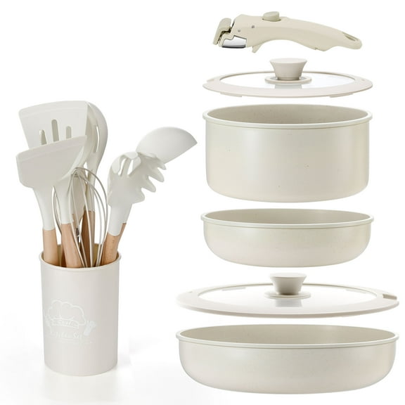 IPOW 15PCS Pots and Pans Set Non Stick, Cookware Set with Frying Pans & Saucepan, Detachable Handle and Cooking Utensils Set, Oven Safe, Space Saving