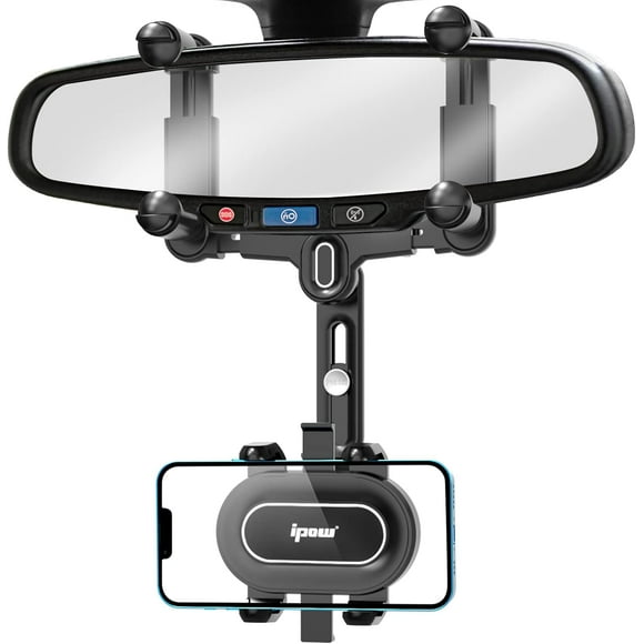 IPOW Large Rearview Mirror Phone Holder for Car 360Rotatable and Retractable, 2023 Upgraded Four Corners Fixed Anti-Shake Multifunctional Design for All Phones and All Car Rearview Mirror with Button