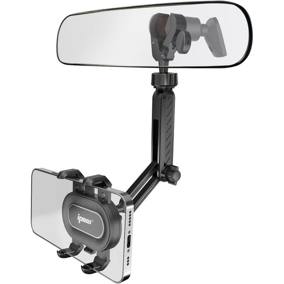 IPOW Rear View Mirror Phone Holder 360Rotatable and Retractable, Hands Free Car Phone Mount with Multi-Angle Adjustment Compatible with All 4-7 Inch Phones