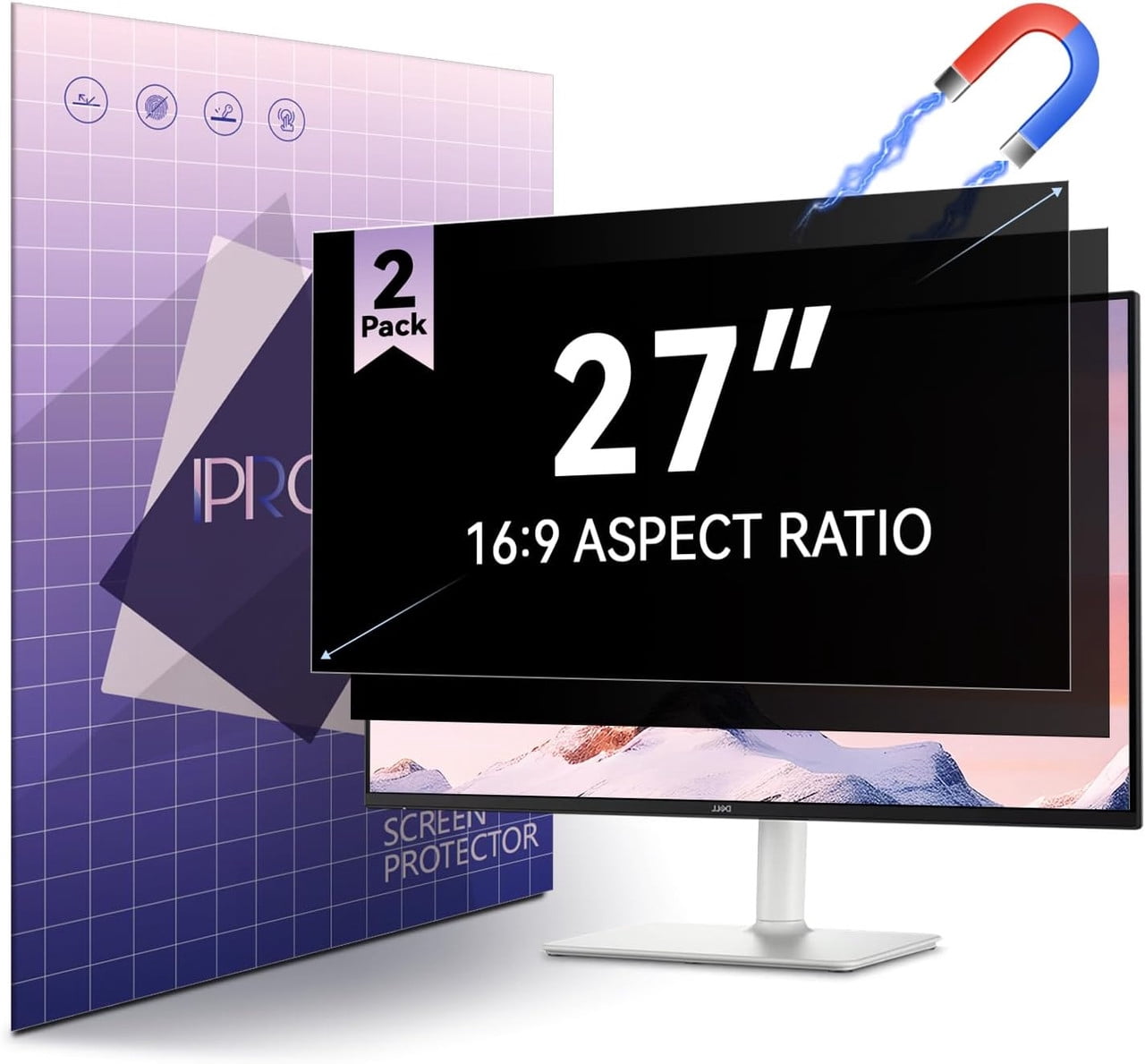 IPROKKO 2PCS 27in Magnetic Privacy Screen for 16:9 Computer Monitor, Snap-On Removable Matte Anti Glare Blue Light Spy Filter Screen Cover Private Shield for Desktop PC [Support Curved Monitor]